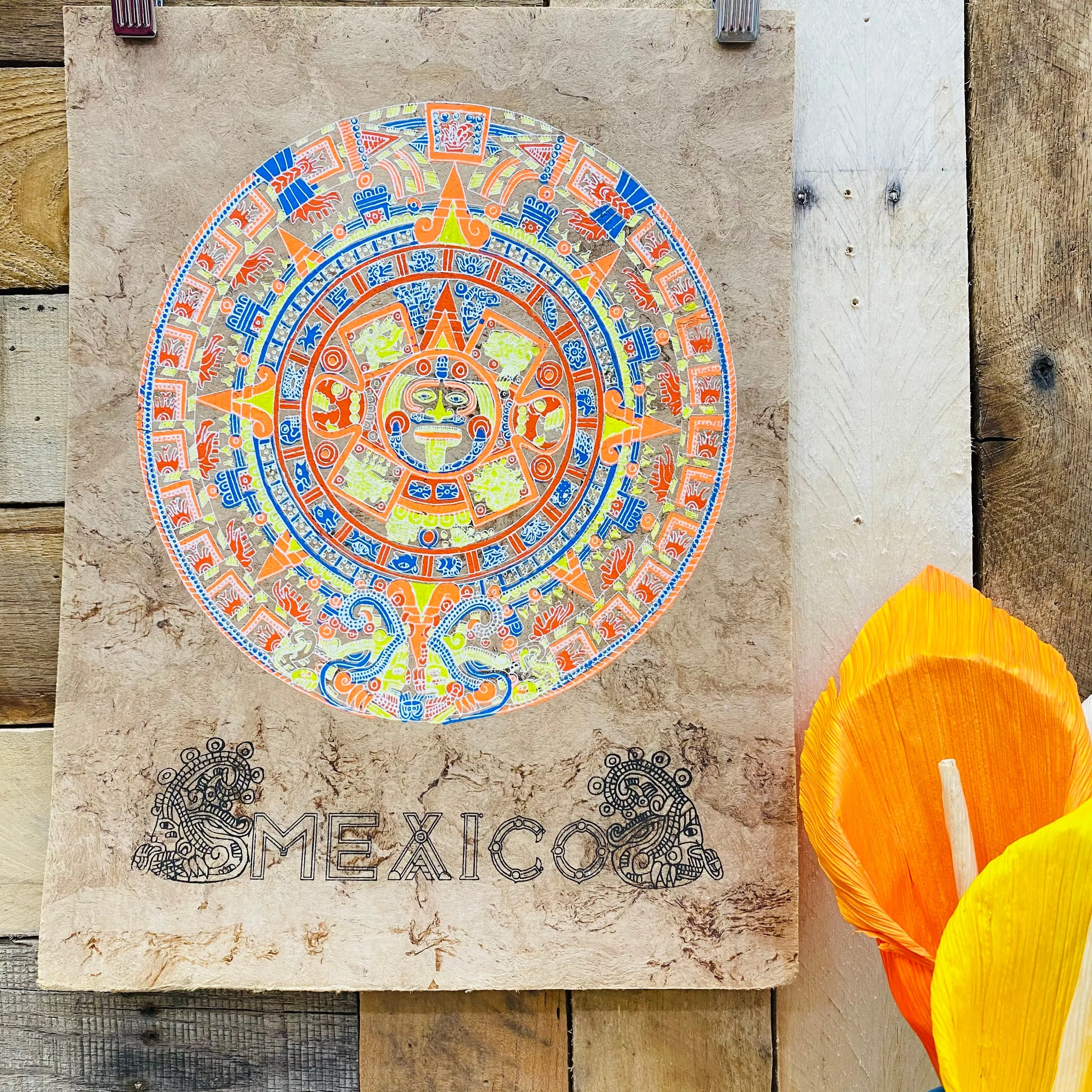 Medium Aztec Calendar Design - Amate Paintings