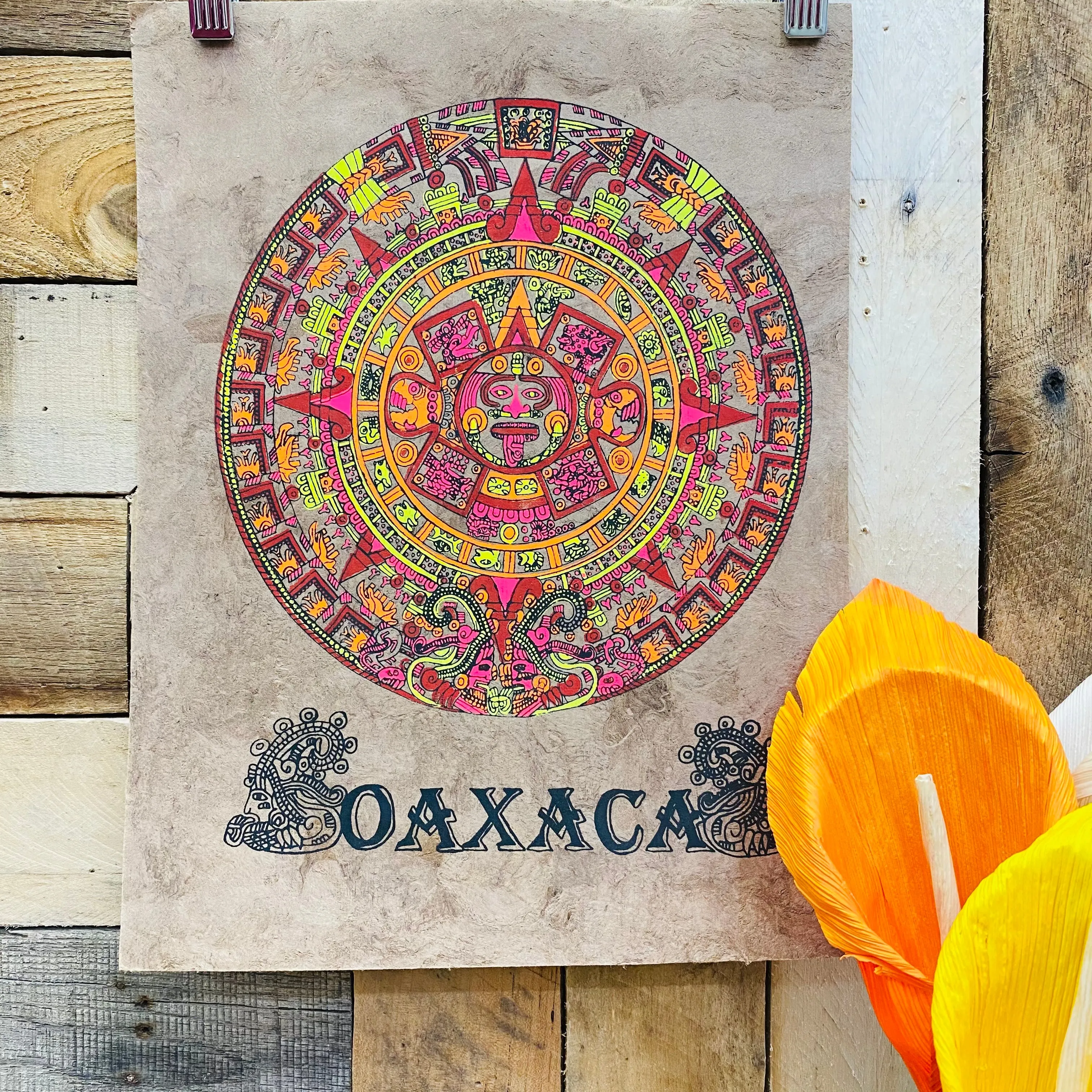 Medium Aztec Calendar Design - Amate Paintings
