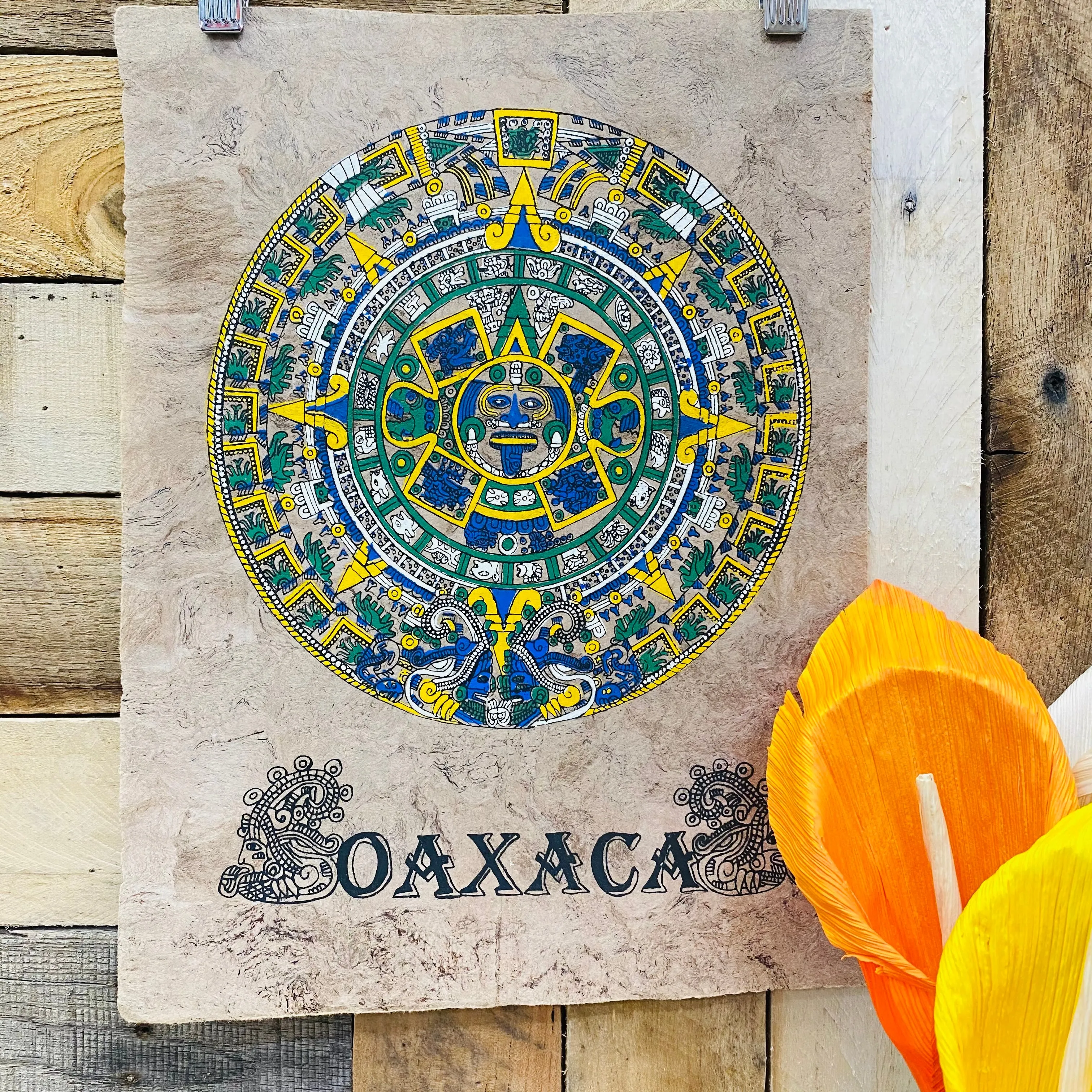 Medium Aztec Calendar Design - Amate Paintings