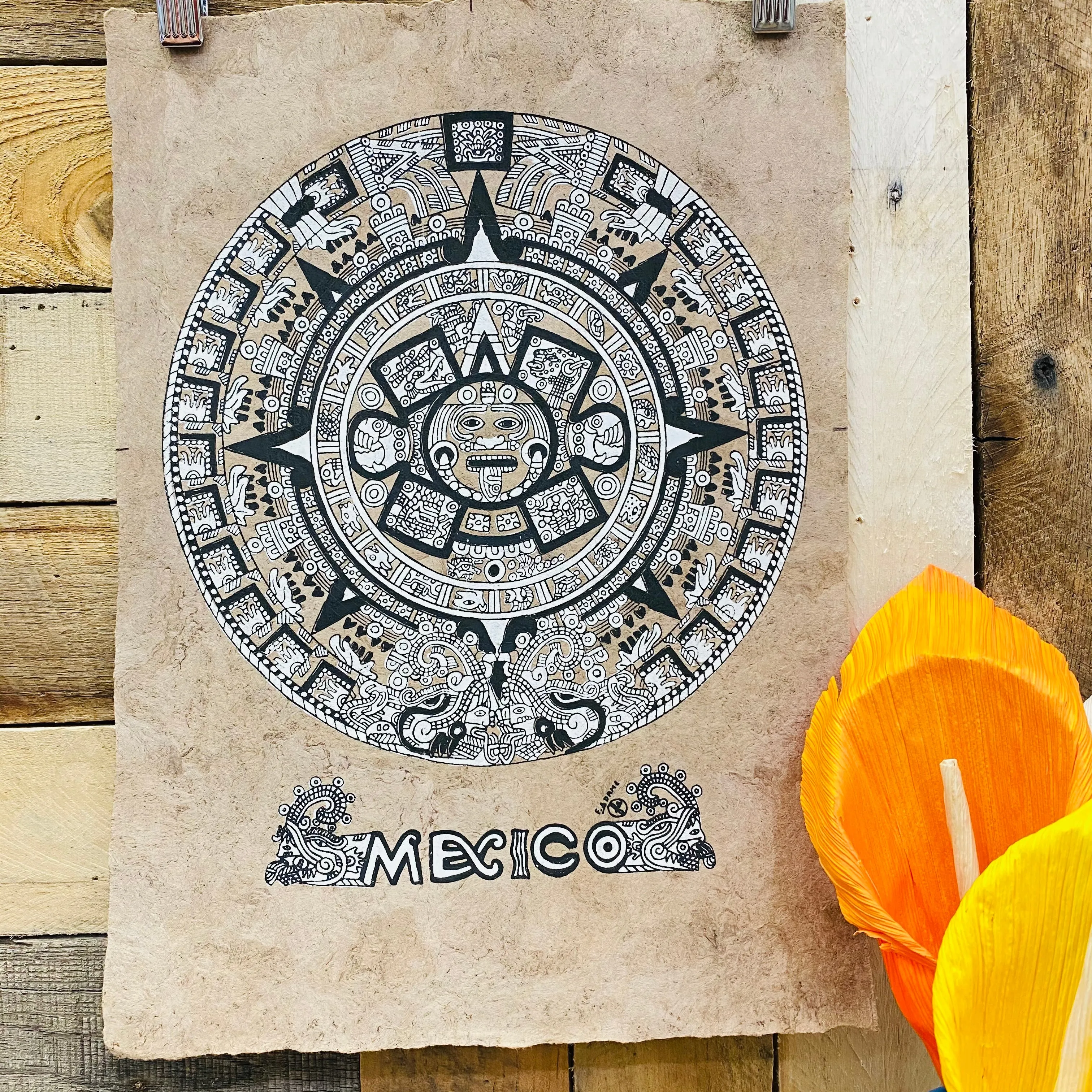 Medium Aztec Calendar Design - Amate Paintings