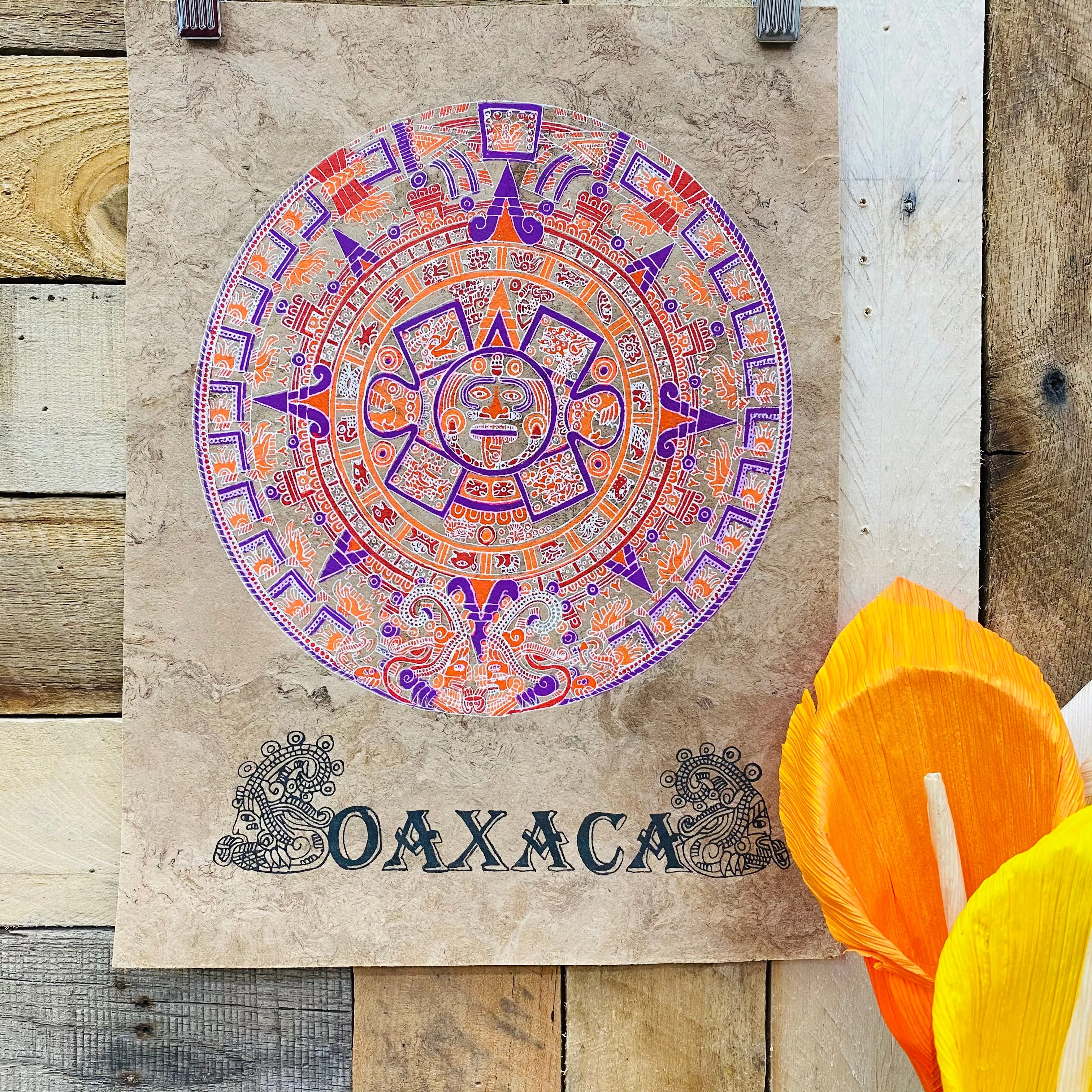 Medium Aztec Calendar Design - Amate Paintings