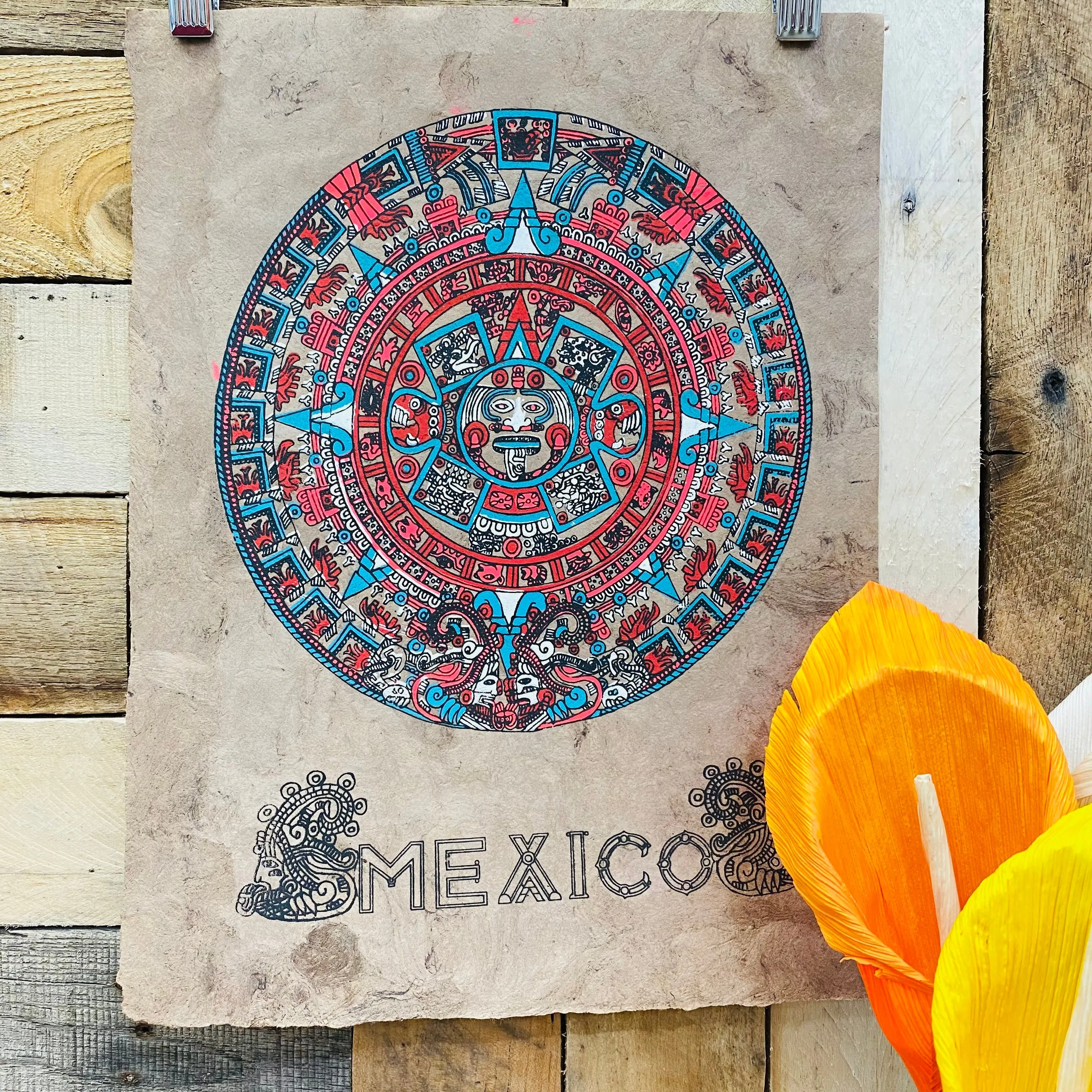 Medium Aztec Calendar Design - Amate Paintings