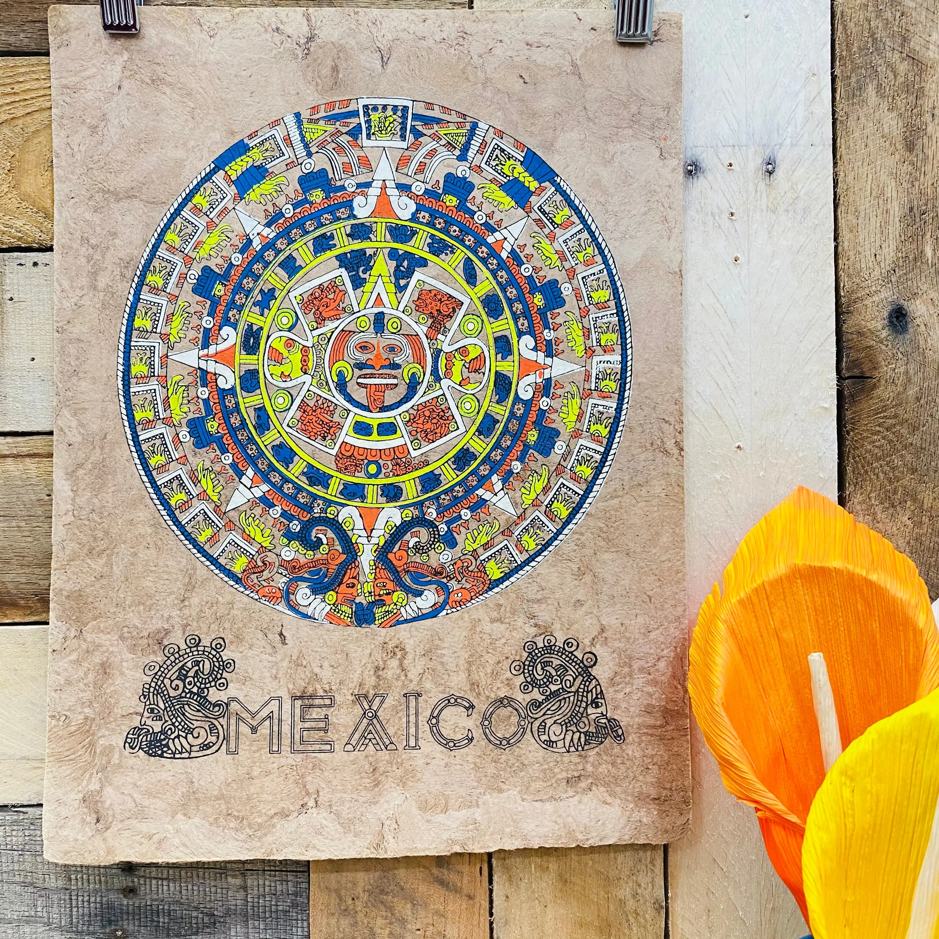 Medium Aztec Calendar Design - Amate Paintings