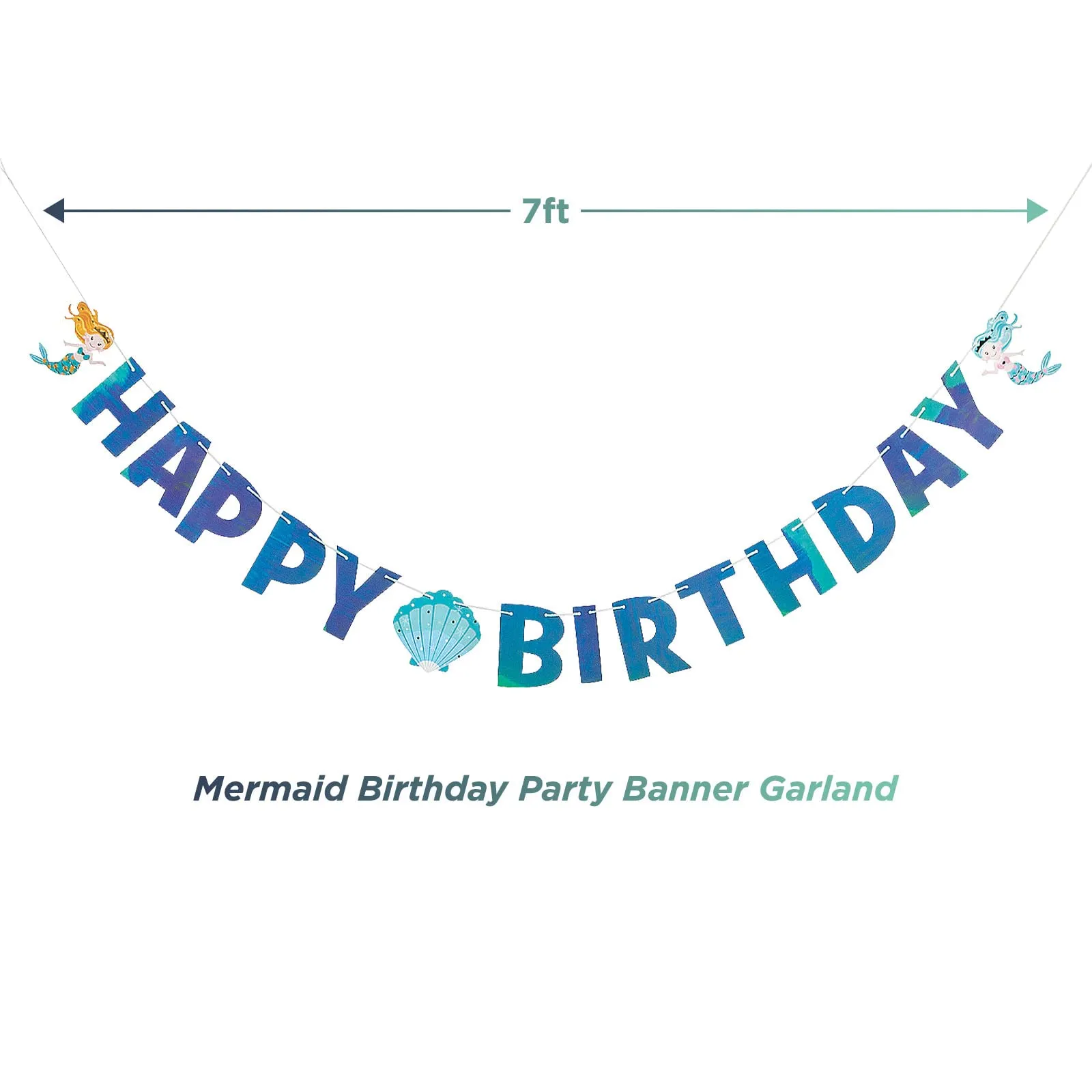 Mermaid Party Supplies - Happy Birthday Banner Garland With Teal and White Crepe Streamer Decorations