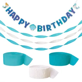 Mermaid Party Supplies - Happy Birthday Banner Garland With Teal and White Crepe Streamer Decorations