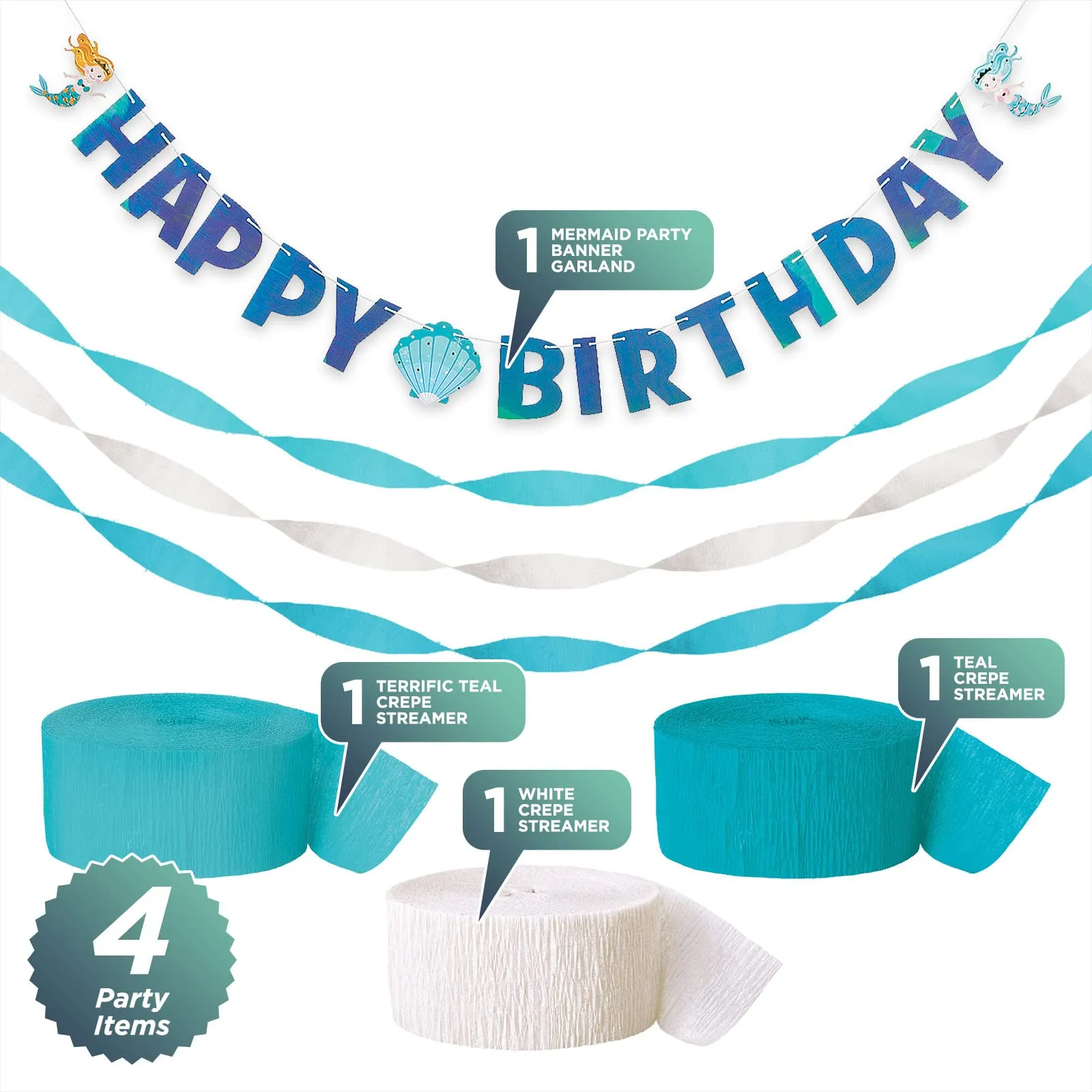 Mermaid Party Supplies - Happy Birthday Banner Garland With Teal and White Crepe Streamer Decorations