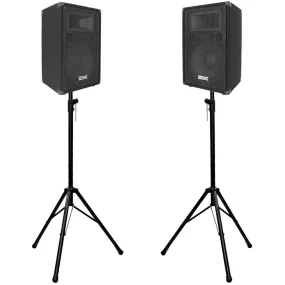 Pair of Premium 12" PA/DJ Speaker Cabinets with two Tripod Speaker Stands