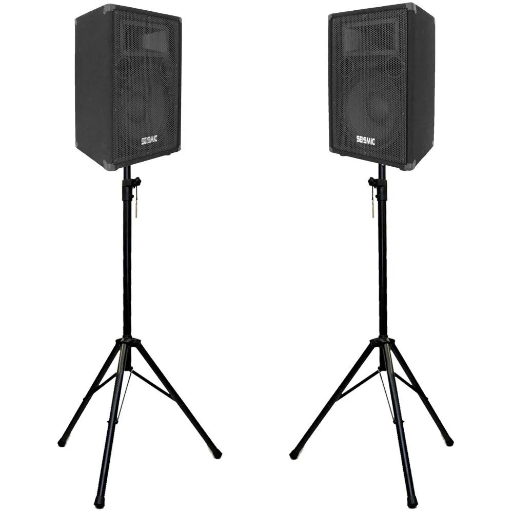 Pair of Premium 12" PA/DJ Speaker Cabinets with two Tripod Speaker Stands