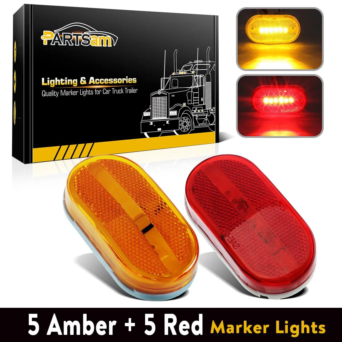 Partsam 10Pcs 4 Inch Trailer Rectangular Led Side Marker Clearance Lights Lamp 6 Diodes w/Reflex Lens, Sealed 2x4 Reflective Rectangle Led Marker Lights Surface Mount for Truck Lorry Van Camper 12V