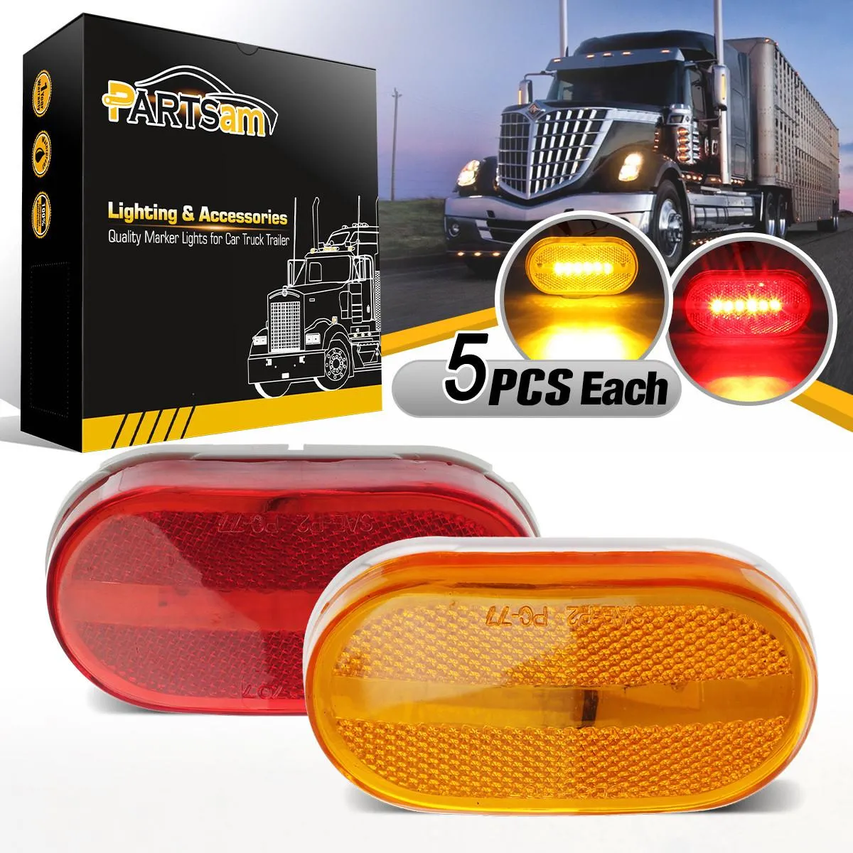 Partsam 10Pcs 4 Inch Trailer Rectangular Led Side Marker Clearance Lights Lamp 6 Diodes w/Reflex Lens, Sealed 2x4 Reflective Rectangle Led Marker Lights Surface Mount for Truck Lorry Van Camper 12V