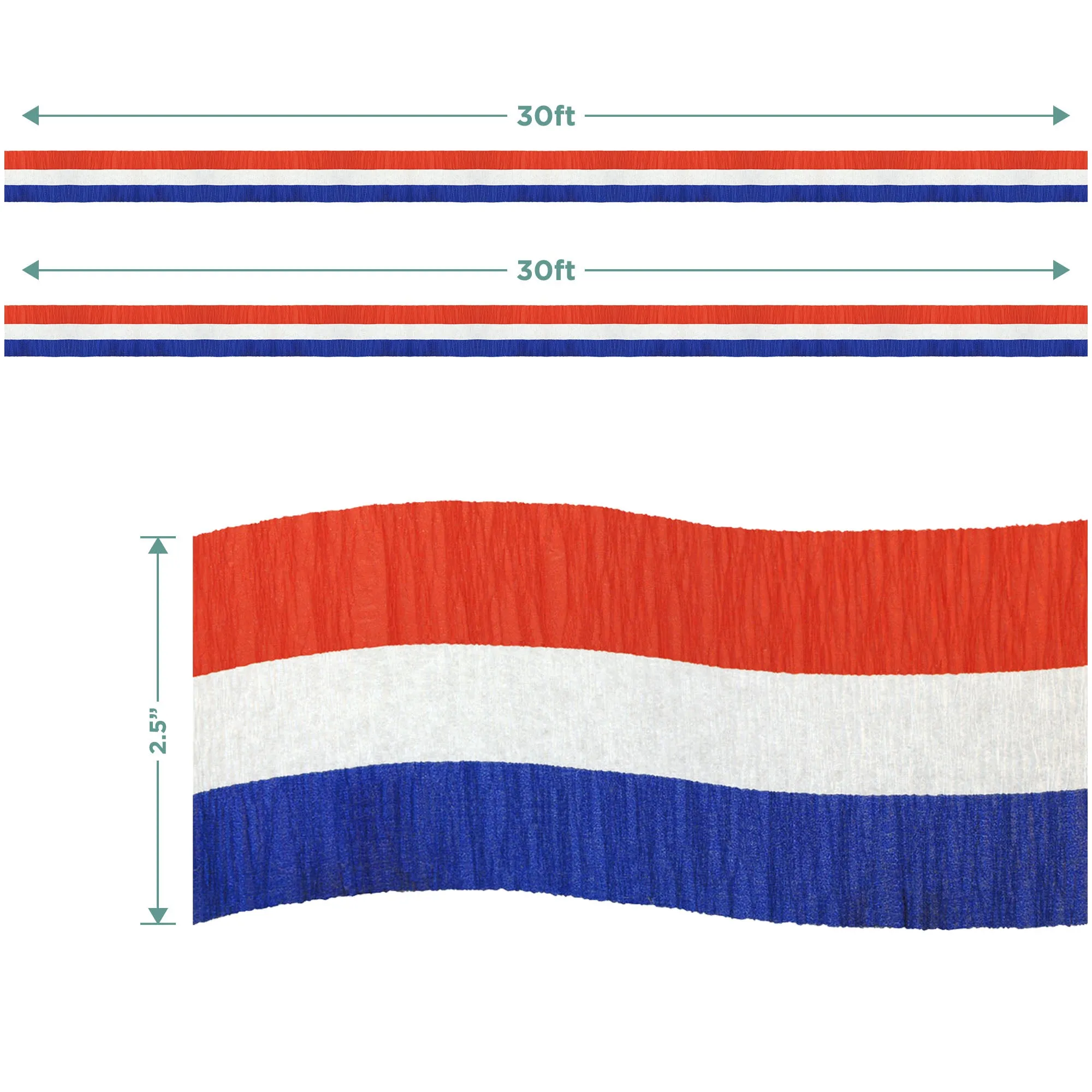 Patriotic Party Red, White, & Blue Stripe Crepe Paper Streamer Decoration, 30 Feet Long (Pack of 2)