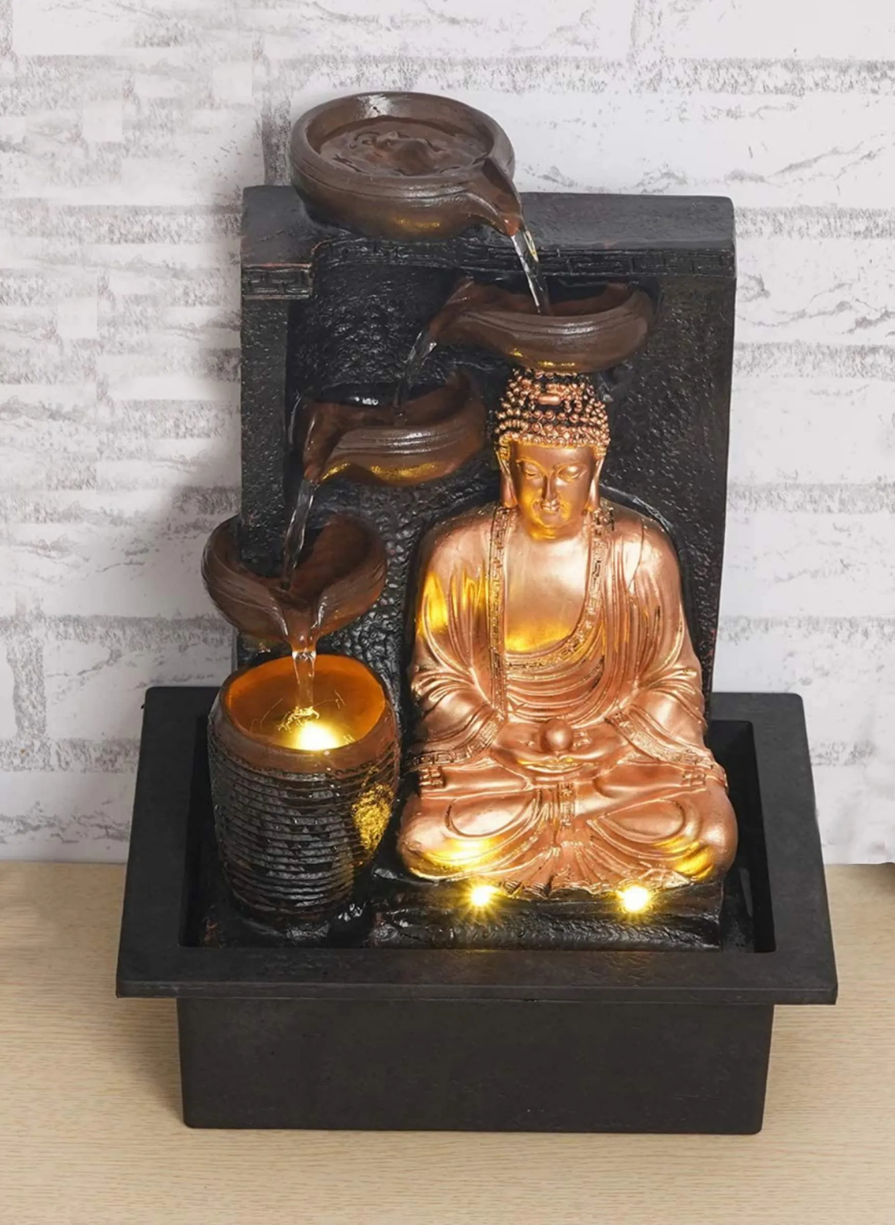 Polyresin Table Top Indoor Outdoor Water Fall Fountain with LED Lights Home Decor Decoration Gift Gifting Items (17 inch)