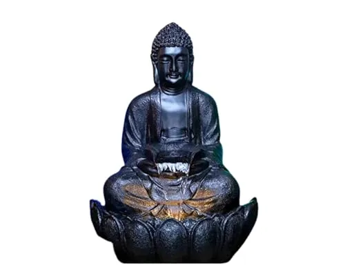 SEPBORN Buddha Water Fountain with Flowing Stream, Resin, Black with LED Lights Water Pump