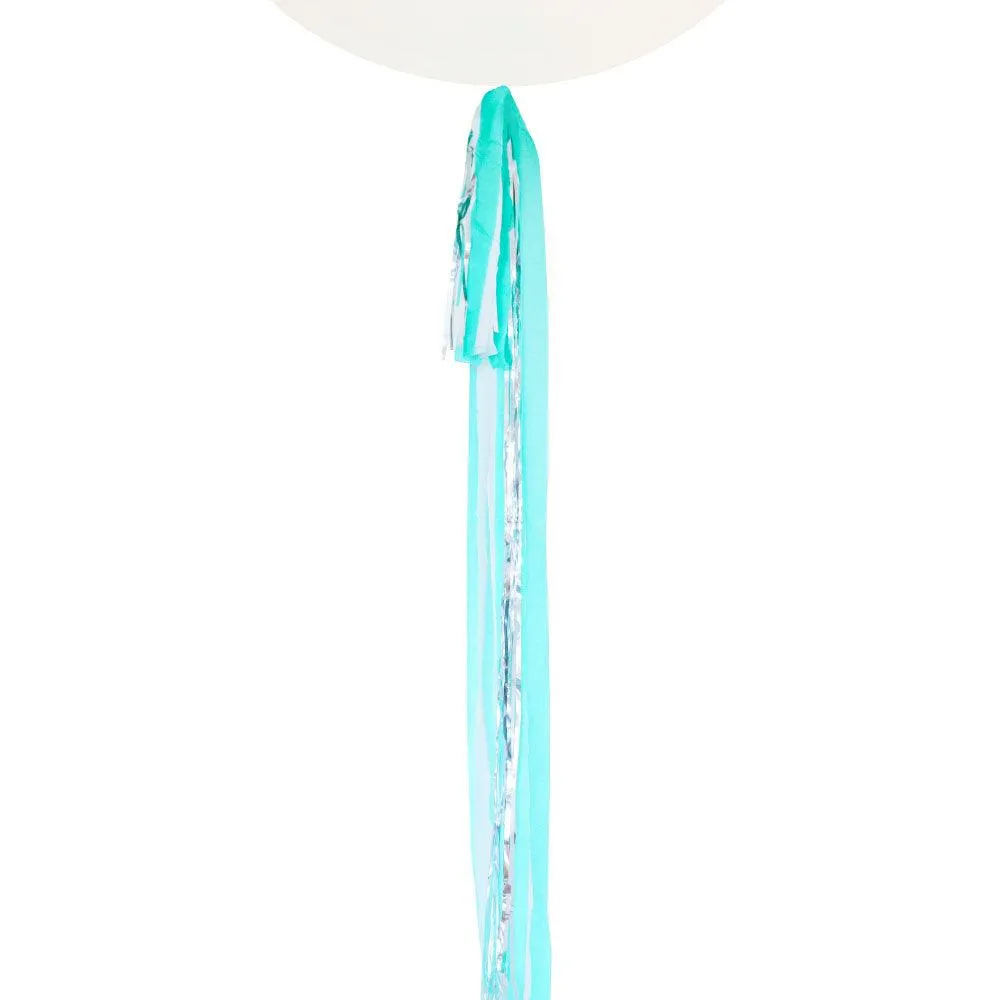 Silver Foil, White & Turquoise Streamer Balloon Tail