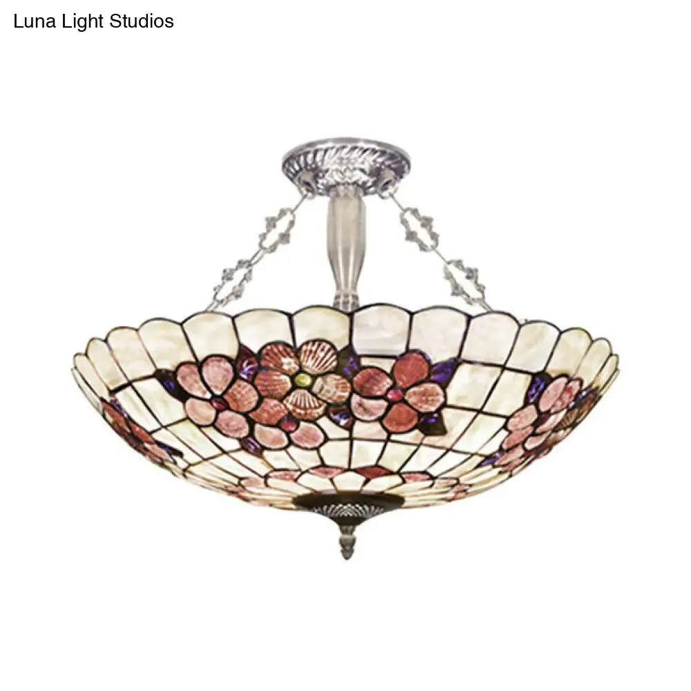Stained Glass Tiffany Ceiling Light in Beige - Classic Design for Dining Room - 19.5"/12" Width