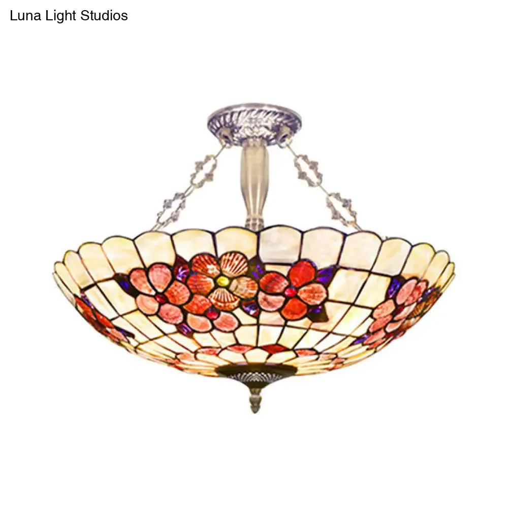 Stained Glass Tiffany Ceiling Light in Beige - Classic Design for Dining Room - 19.5"/12" Width