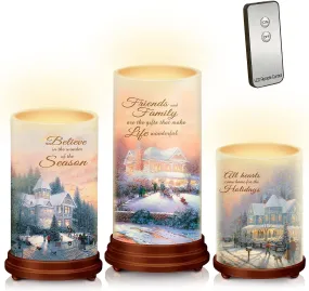 The Bradford Exchange Pillars of Light Waxed Flameless Candle Set of 3 with LED Lights Feature T-Kinkade Holiday Christmas Decor Art 24 Hour Timer with Remote Control 6"-Inches