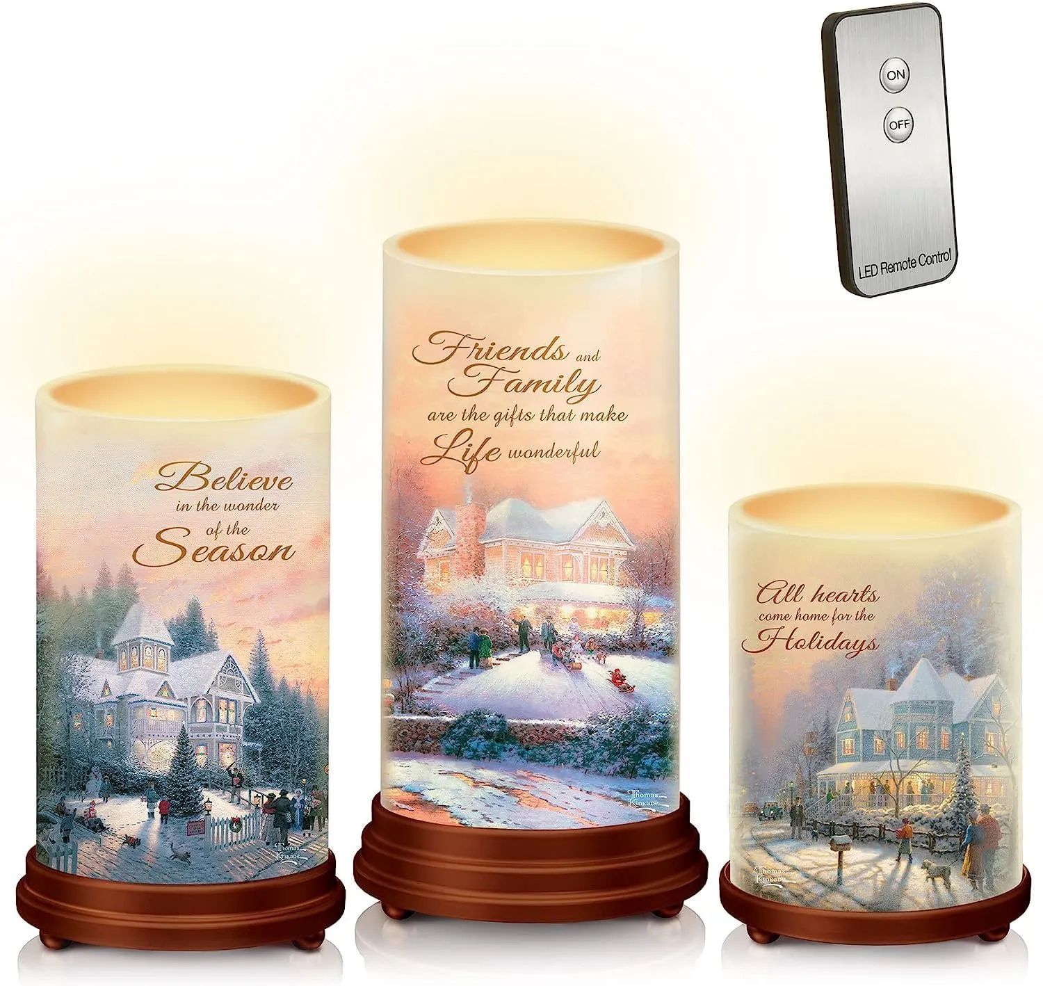 The Bradford Exchange Pillars of Light Waxed Flameless Candle Set of 3 with LED Lights Feature T-Kinkade Holiday Christmas Decor Art 24 Hour Timer with Remote Control 6"-Inches