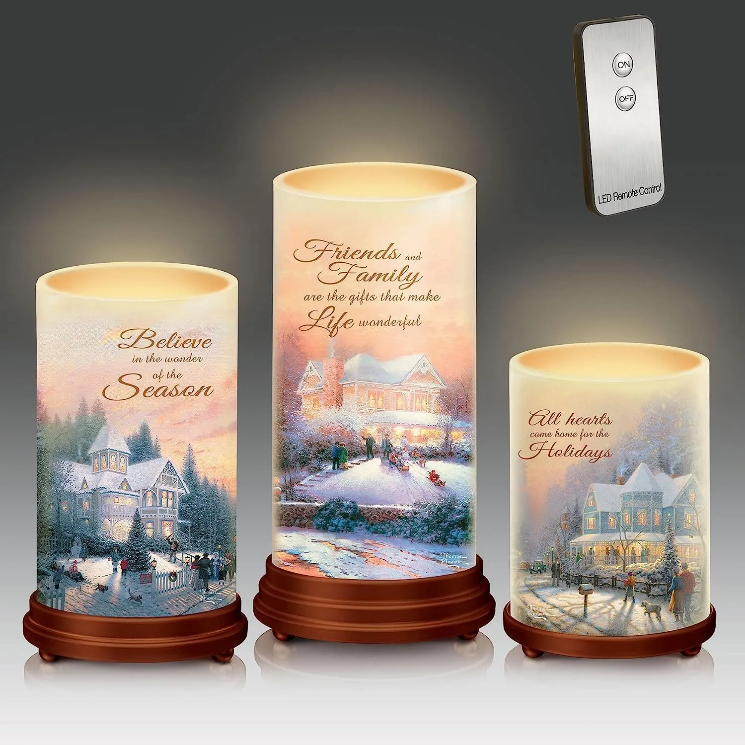 The Bradford Exchange Pillars of Light Waxed Flameless Candle Set of 3 with LED Lights Feature T-Kinkade Holiday Christmas Decor Art 24 Hour Timer with Remote Control 6"-Inches