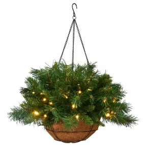 valiant Pre-Lit Artificial Christmas Hanging Basket, Tiffany Fir, Decorated With Frosted Pine Cones, Berry Clusters, White Lights, Christmas Collection, 20 Inches
