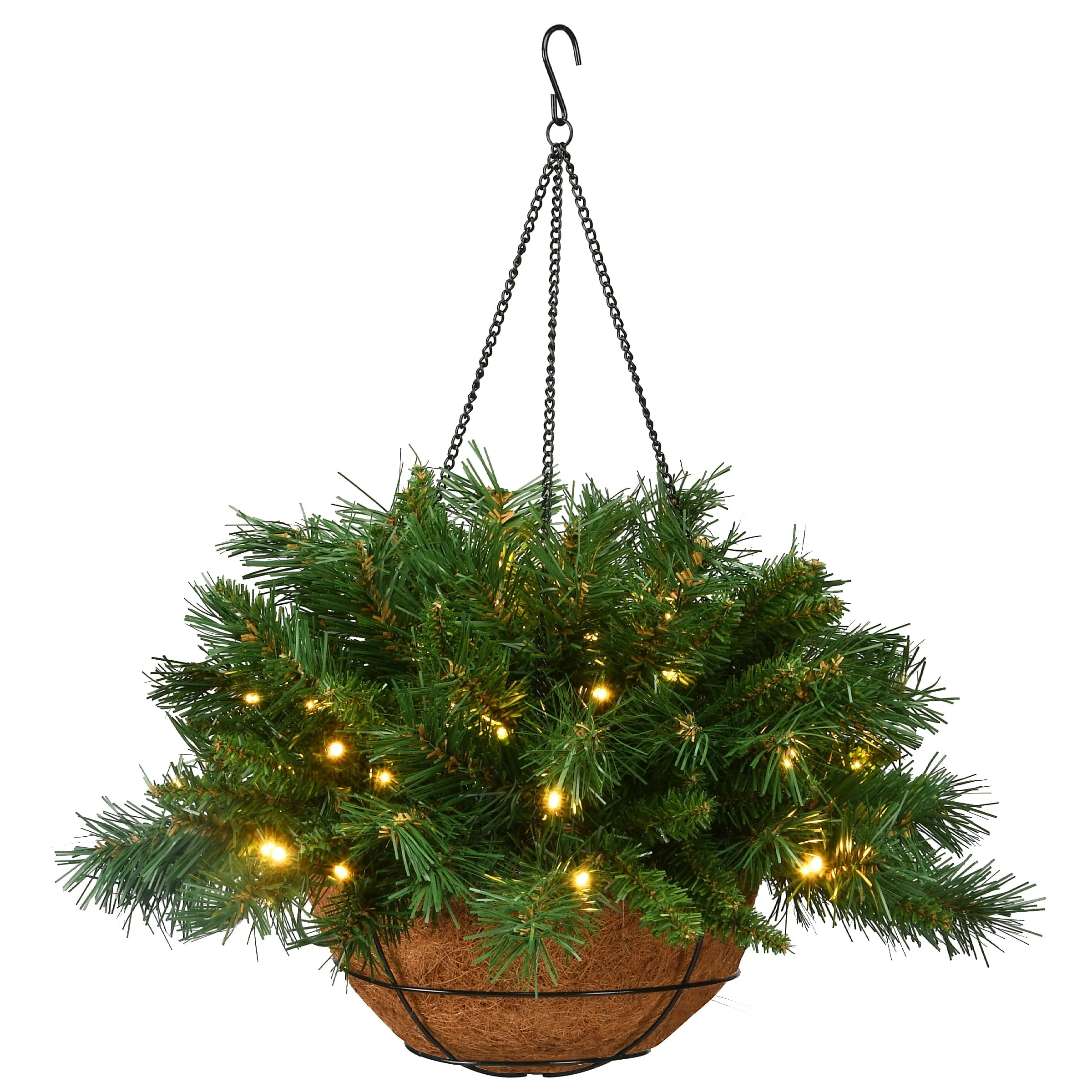 valiant Pre-Lit Artificial Christmas Hanging Basket, Tiffany Fir, Decorated With Frosted Pine Cones, Berry Clusters, White Lights, Christmas Collection, 20 Inches