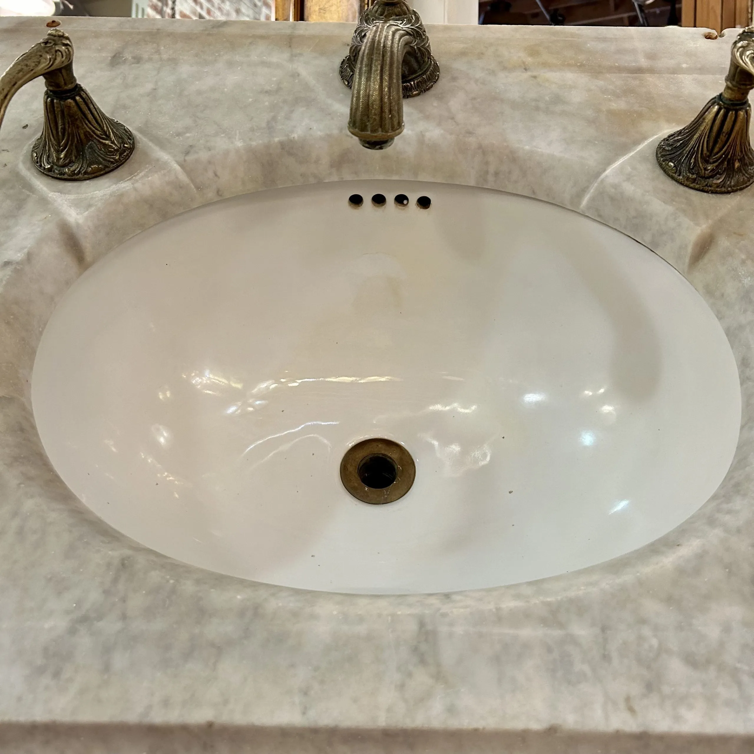 Vintage Marble and Porcelain Wall Mount Sink, Sherle Wagner Brass Faucet