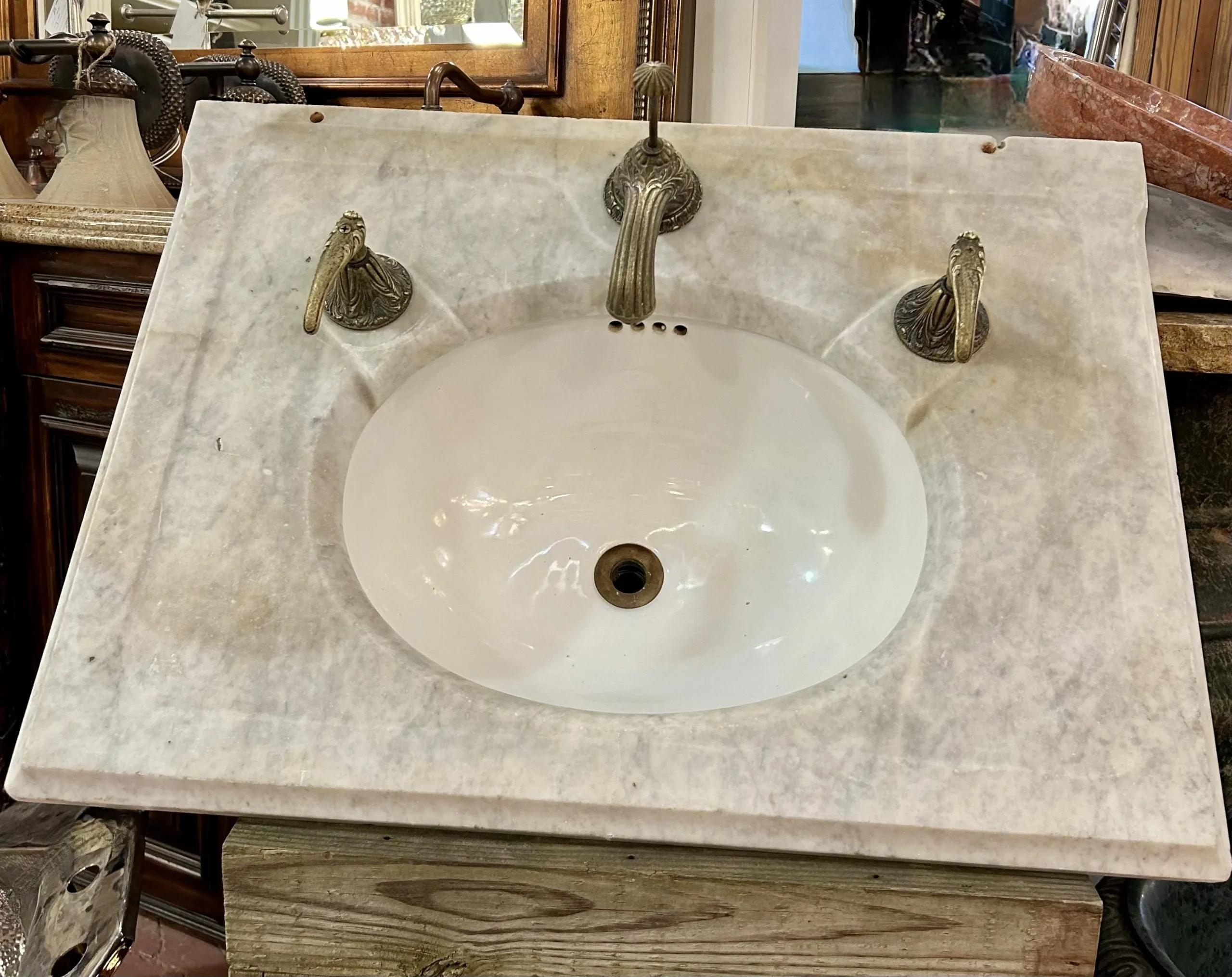 Vintage Marble and Porcelain Wall Mount Sink, Sherle Wagner Brass Faucet