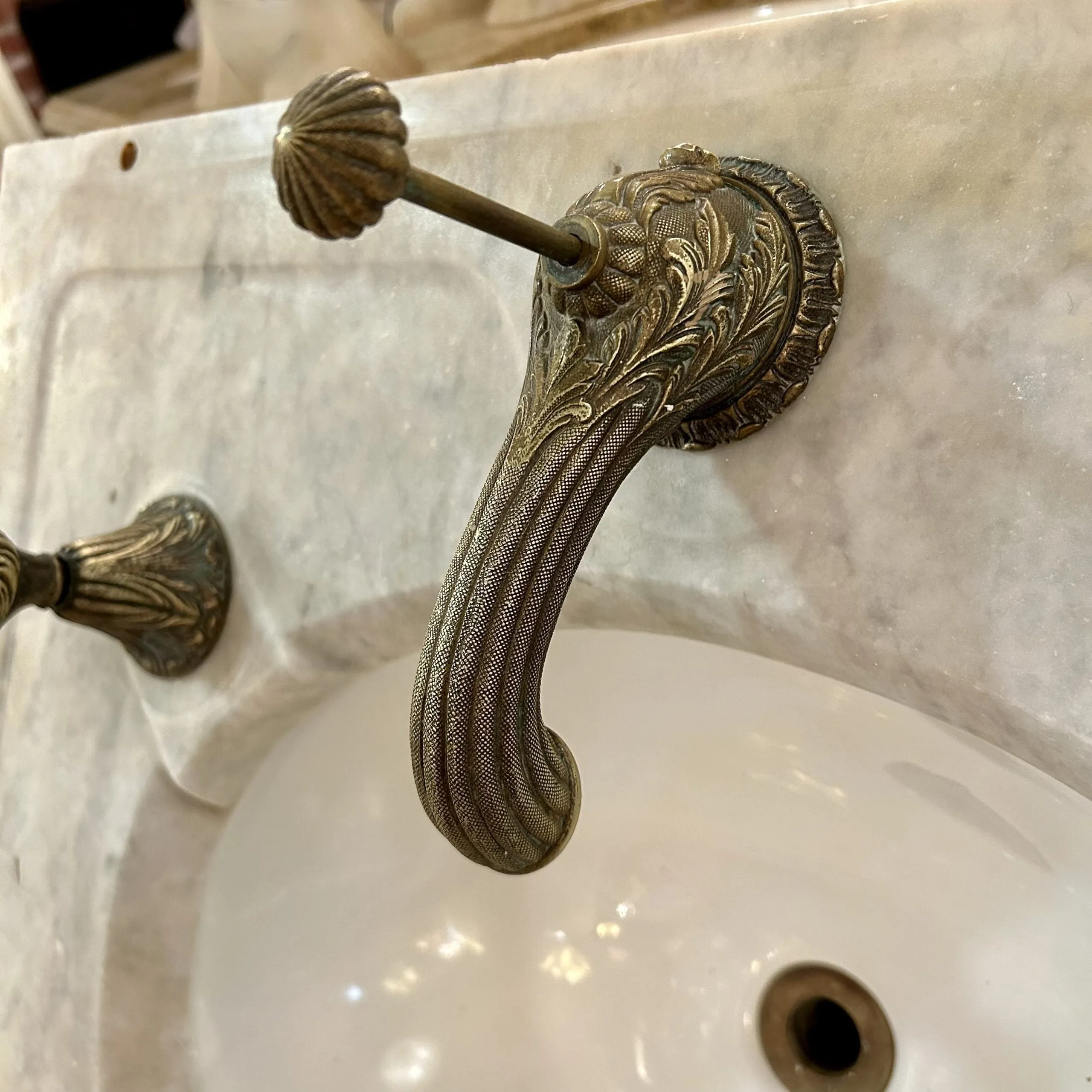 Vintage Marble and Porcelain Wall Mount Sink, Sherle Wagner Brass Faucet