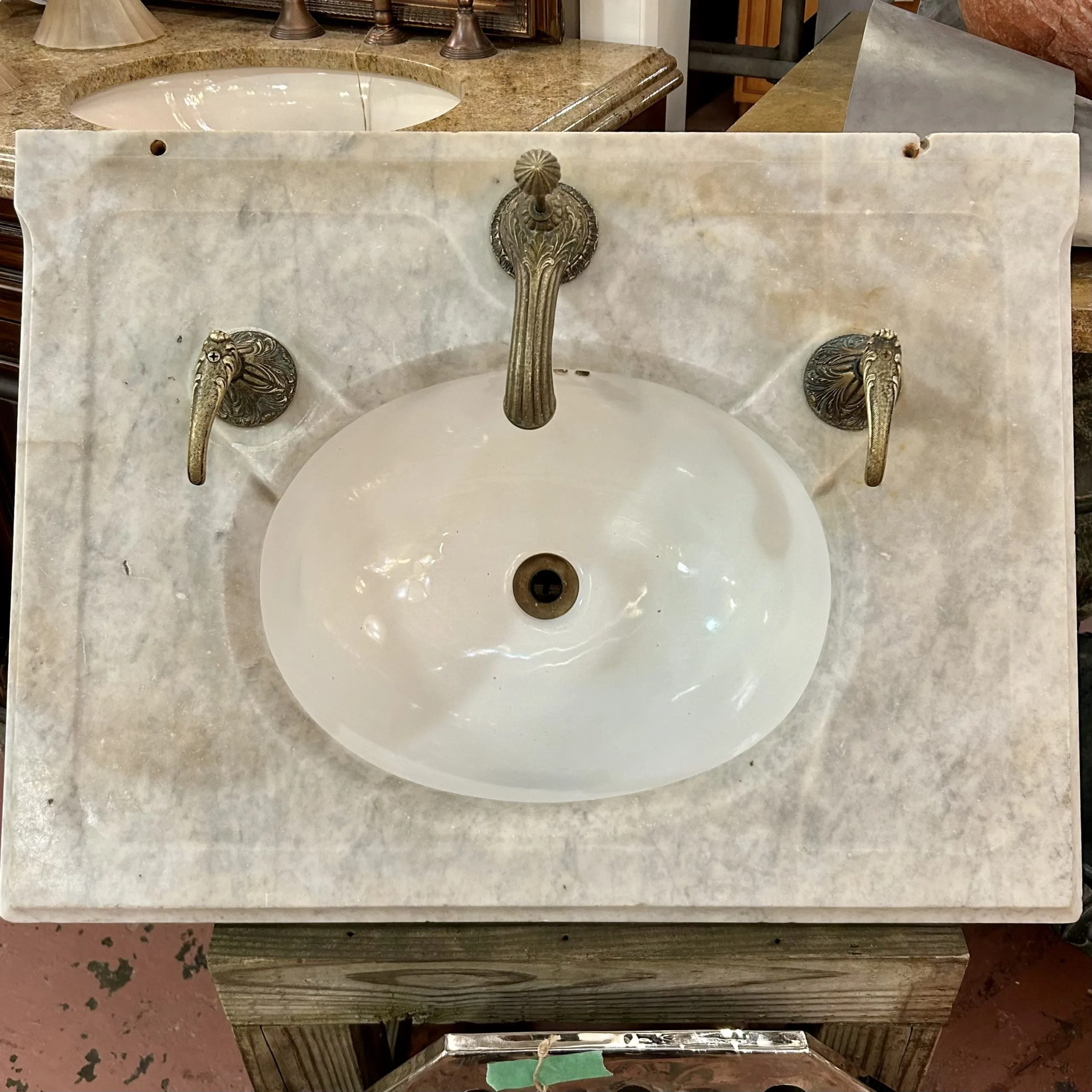 Vintage Marble and Porcelain Wall Mount Sink, Sherle Wagner Brass Faucet