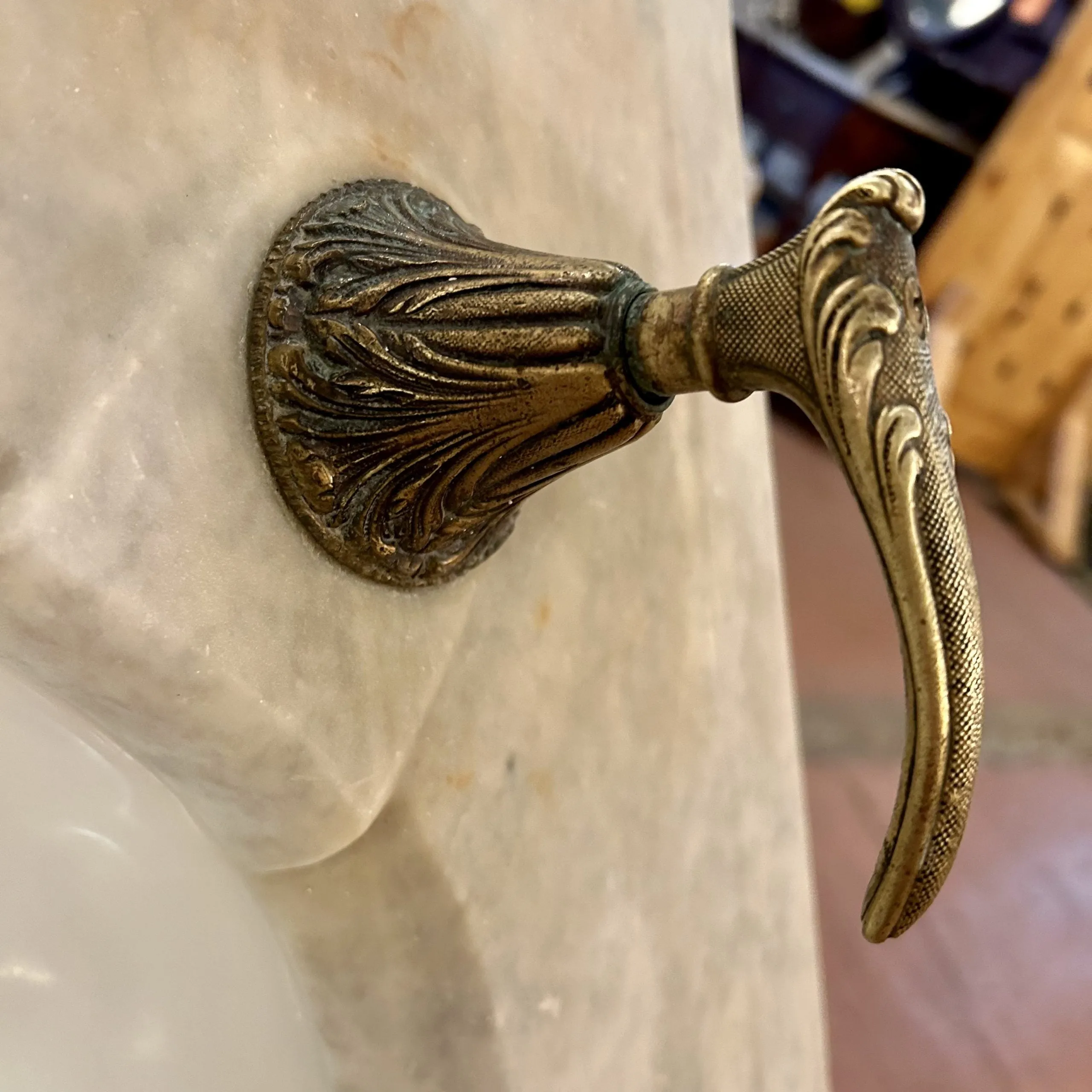 Vintage Marble and Porcelain Wall Mount Sink, Sherle Wagner Brass Faucet