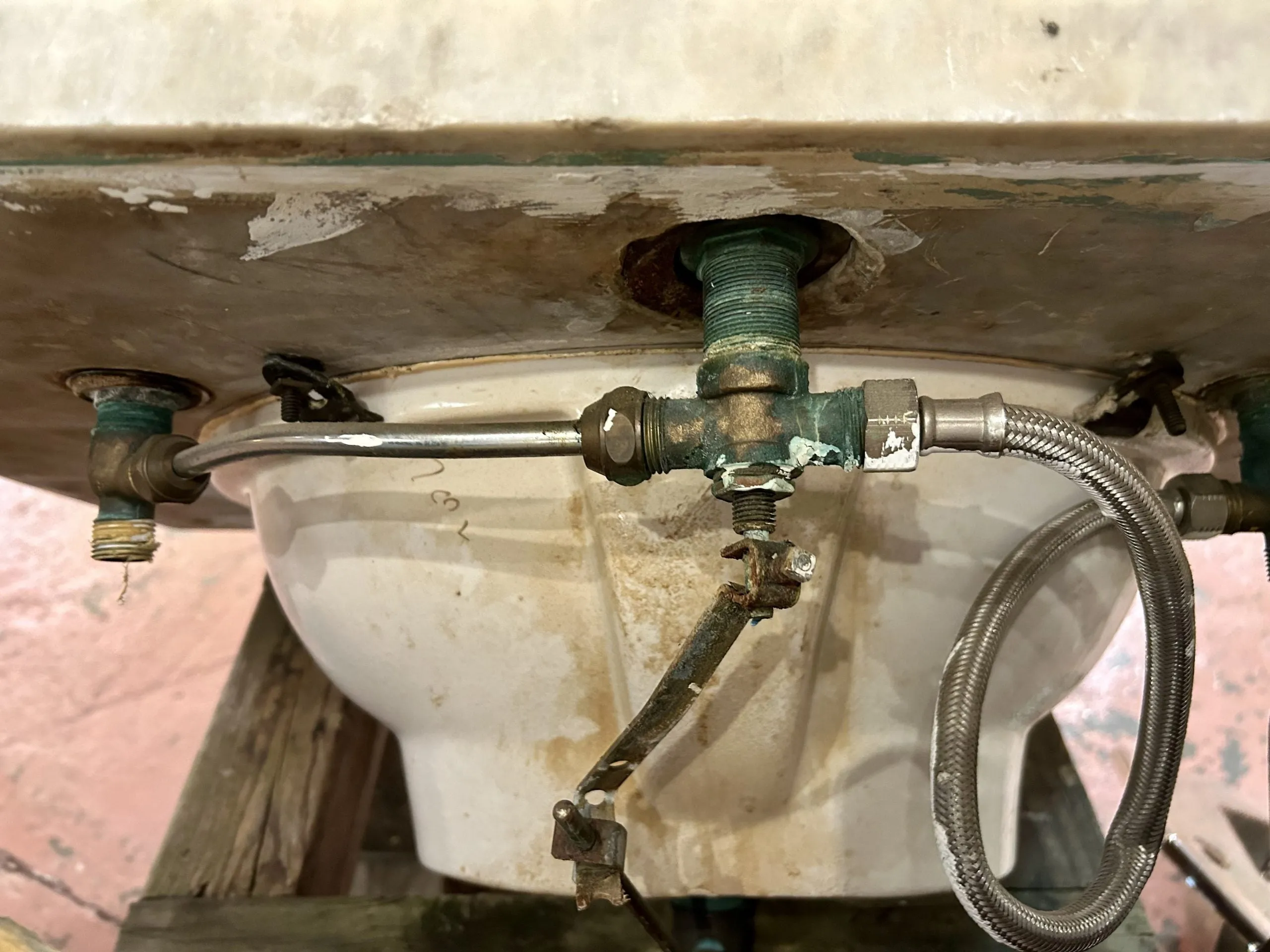 Vintage Marble and Porcelain Wall Mount Sink, Sherle Wagner Brass Faucet