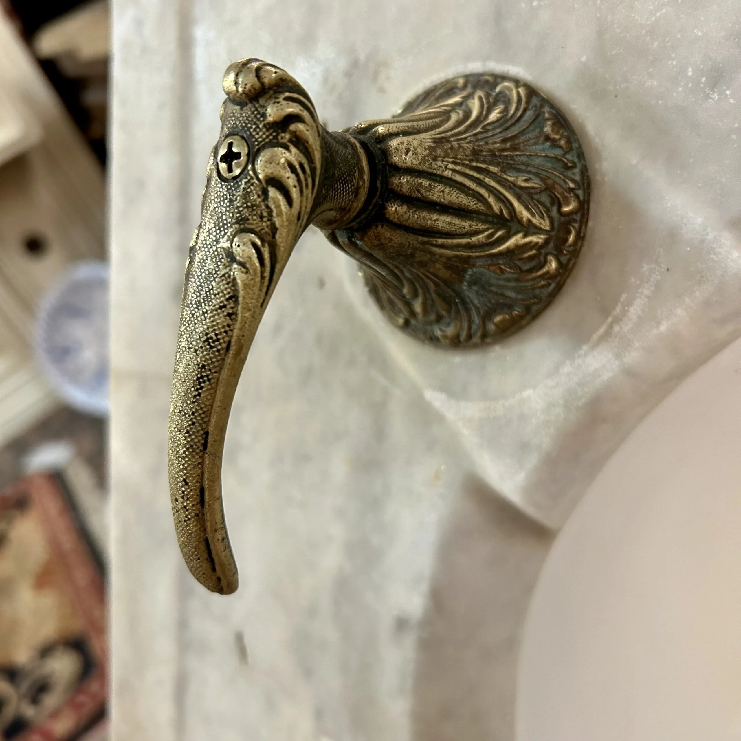 Vintage Marble and Porcelain Wall Mount Sink, Sherle Wagner Brass Faucet