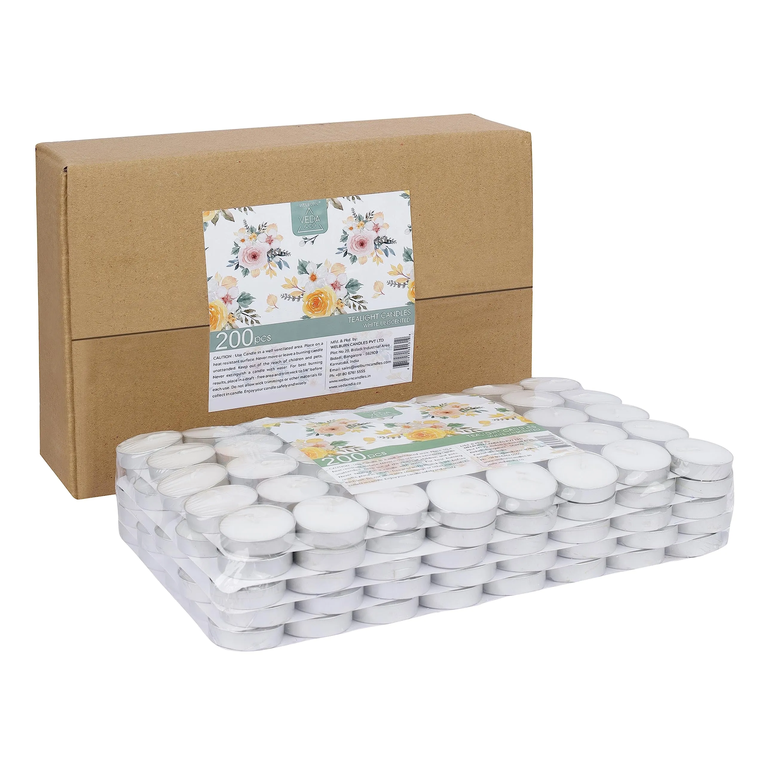 Welburn Veda&Co™ Wax Tealight Candles - Pack of 200, 2 Hours Burning Time, 100% Fully Refined Paraffin Wax, Unscented, Smokeless, Dripless, for Home Decor, Offices & Other Occasions (White)