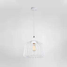 White Metallic Pendulum Light - Minimalist Cage Shade - Bedroom Hanging Lamp Kit