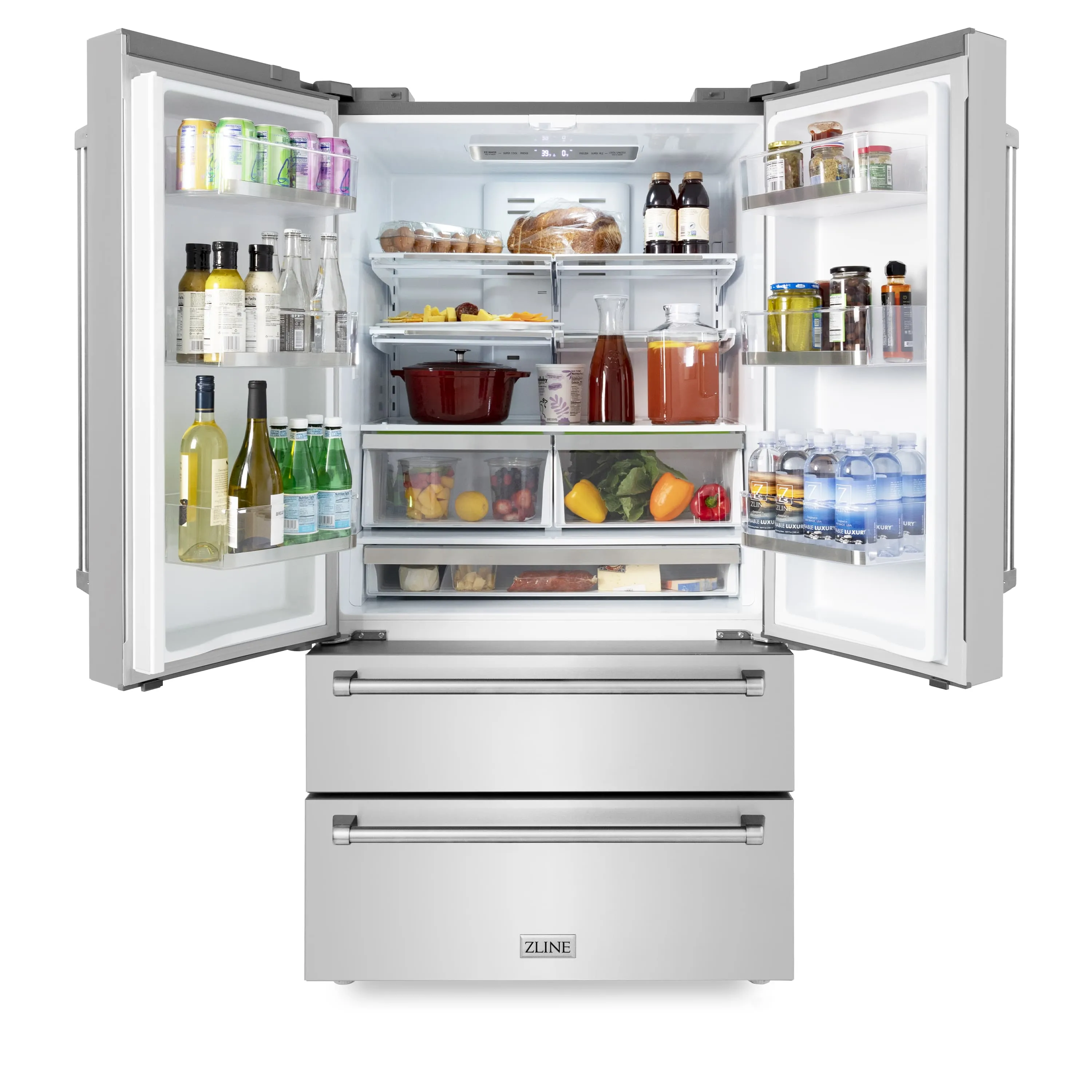 ZLINE 5-Piece Appliance Package - 36-Inch Rangetop, Refrigerator, 30-Inch Electric Double Wall Oven, 3-Rack Dishwasher, and Convertible Wall Mount Hood in Stainless Steel (5KPR-RTRH36-AWDDWV)