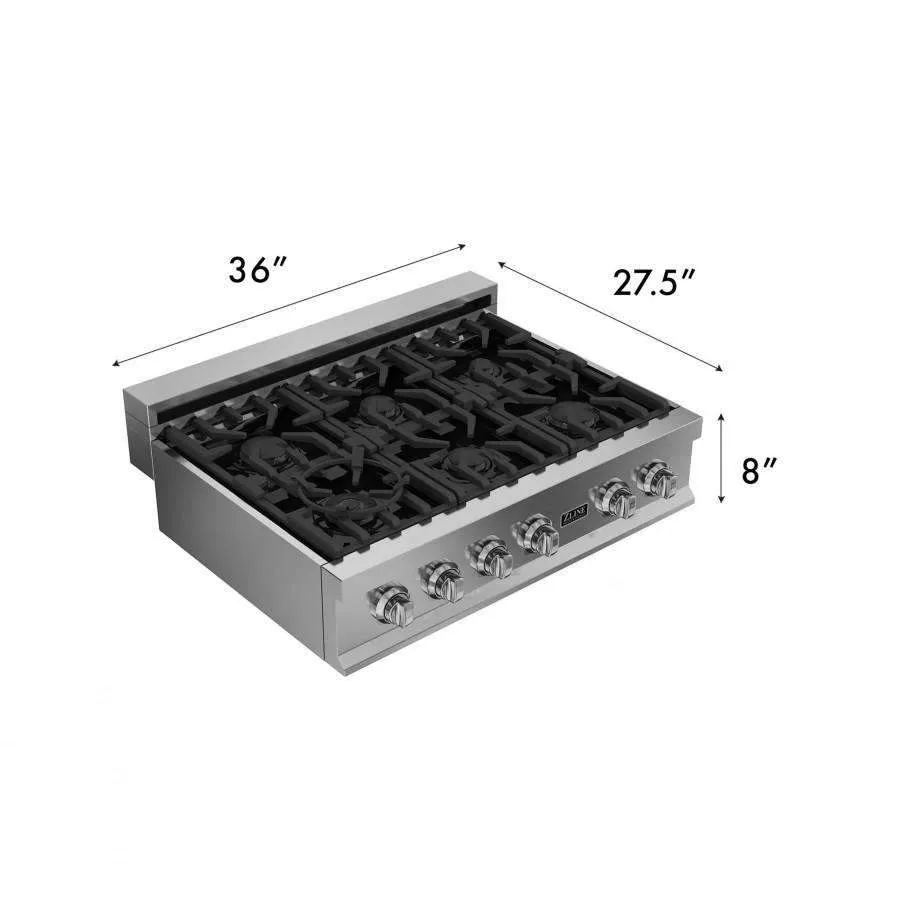 ZLINE 5-Piece Appliance Package - 36-Inch Rangetop, Refrigerator, 30-Inch Electric Double Wall Oven, 3-Rack Dishwasher, and Convertible Wall Mount Hood in Stainless Steel (5KPR-RTRH36-AWDDWV)