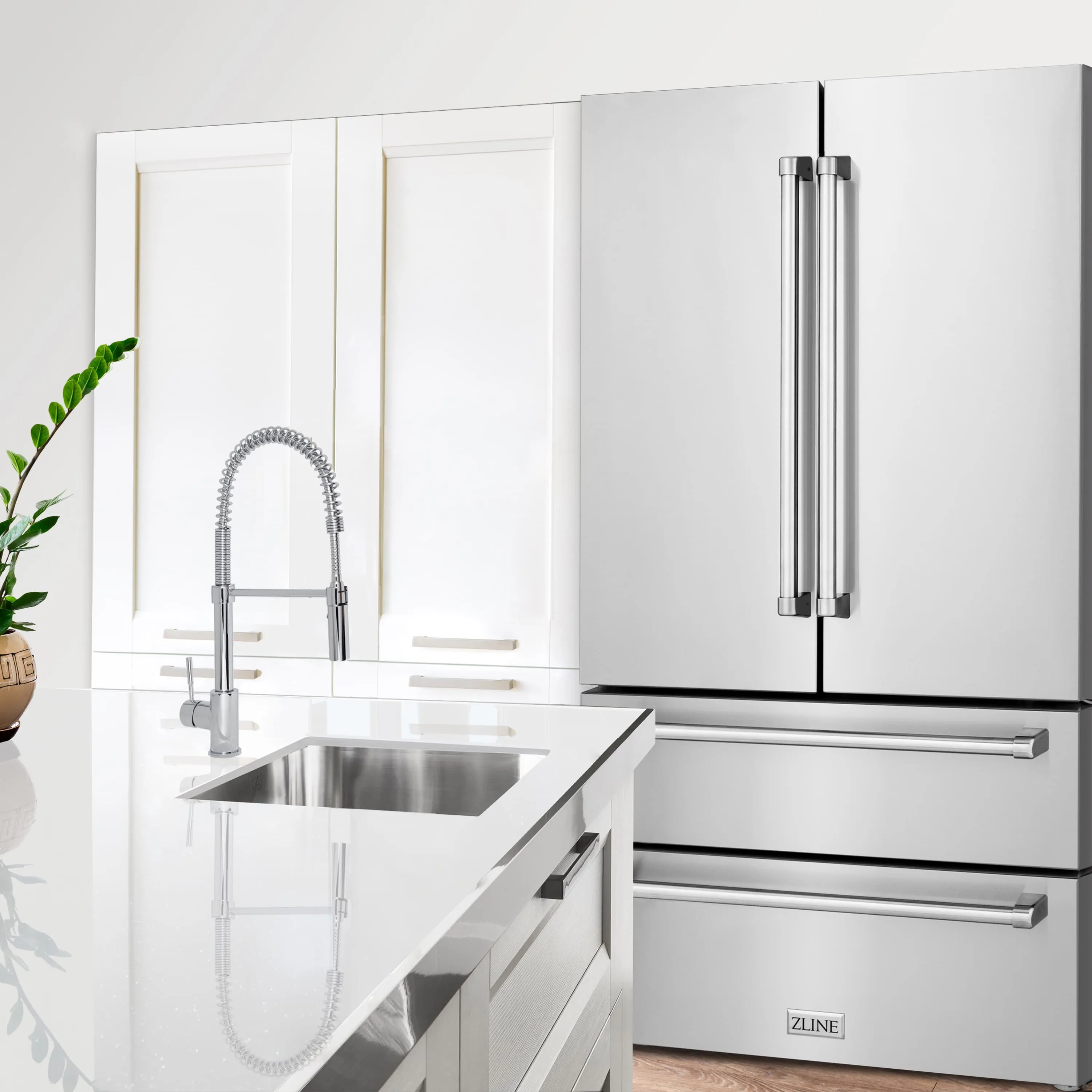 ZLINE 5-Piece Appliance Package - 36-Inch Rangetop, Refrigerator, 30-Inch Electric Double Wall Oven, 3-Rack Dishwasher, and Convertible Wall Mount Hood in Stainless Steel (5KPR-RTRH36-AWDDWV)