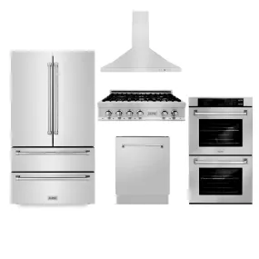 ZLINE 5-Piece Appliance Package - 36-Inch Rangetop, Refrigerator, 30-Inch Electric Double Wall Oven, 3-Rack Dishwasher, and Convertible Wall Mount Hood in Stainless Steel (5KPR-RTRH36-AWDDWV)