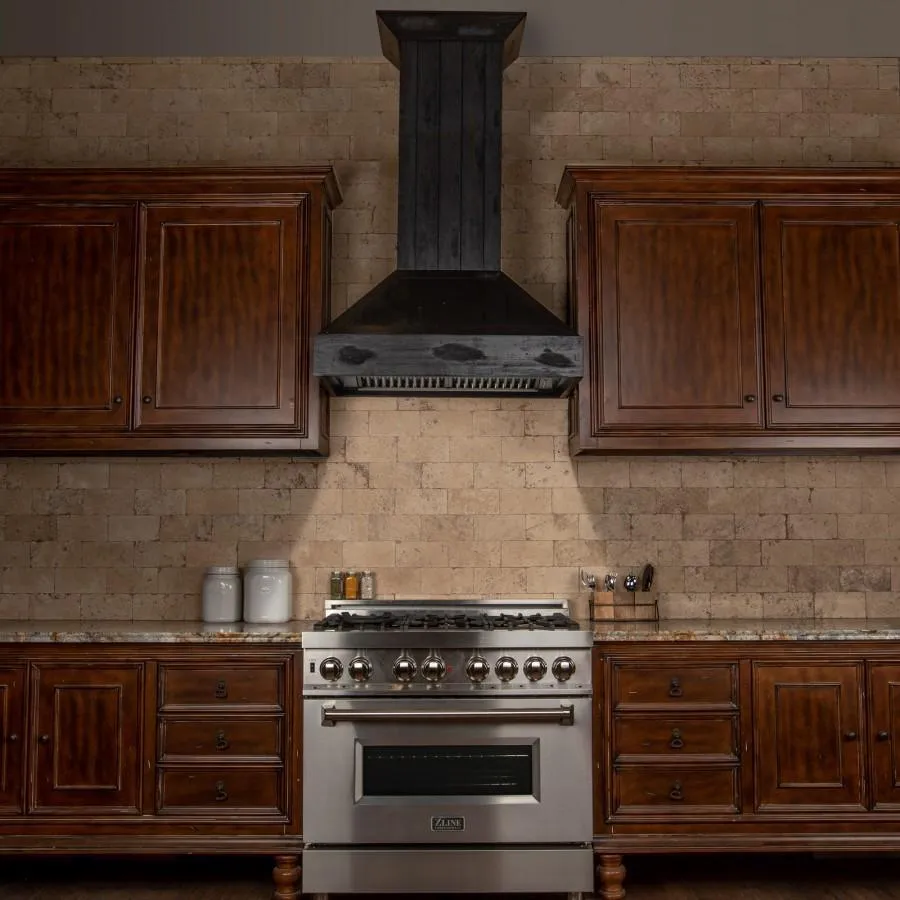 ZLINE Shiplap Wooden Wall Mount Range Hood in Rustic Dark Finish (349DD)