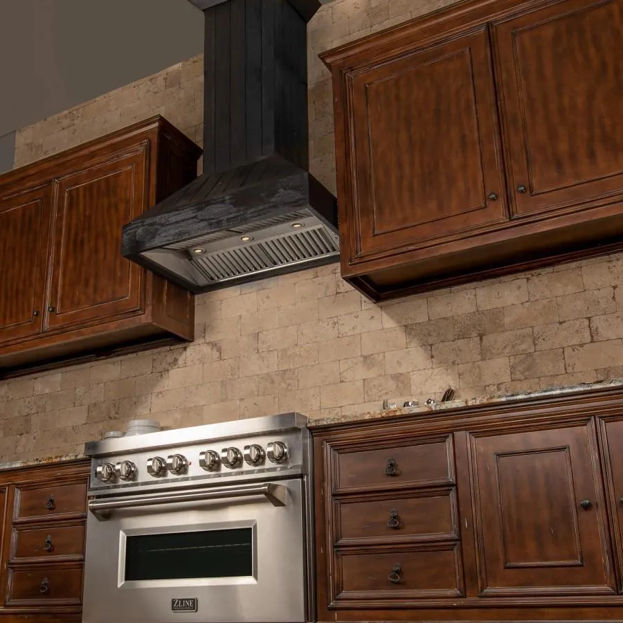 ZLINE Shiplap Wooden Wall Mount Range Hood in Rustic Dark Finish (349DD)